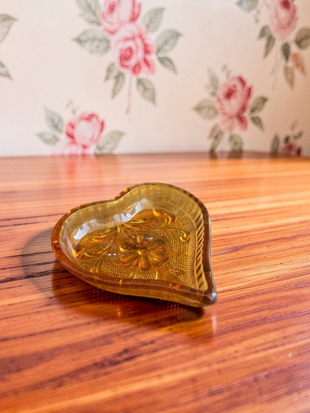 Vintage Amber Glass Heart Shaped Trinket Dish Floral Pressed Glass Ring Dish
